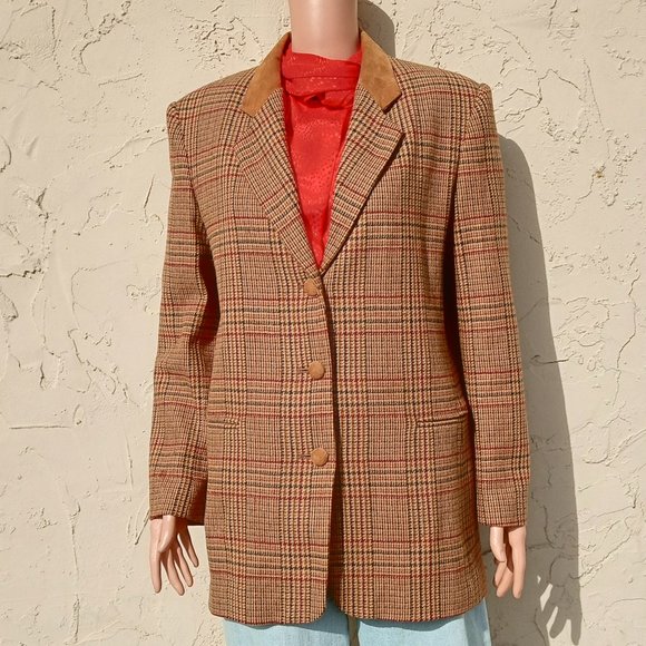 Vintage Wool Blend Brown Plaid Blazer - Picture 1 of 8